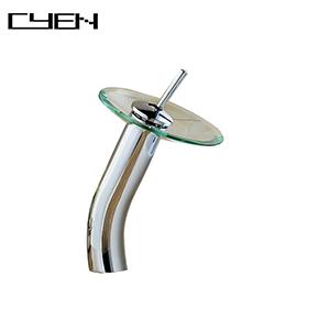 CYEN Deck Mount Mushroom Shaped LED Glass Bathroom Waterfall Basin Faucet